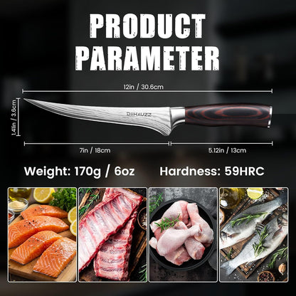 7 Inch Fillet Knife for Fish, Razor Sharp Boning Knife High Carbon Stainless Steel for Poultry Deboning and Meat Cutting, Japanese Filleting Knives with Ergonomic Pakkawood Handle, Sheath