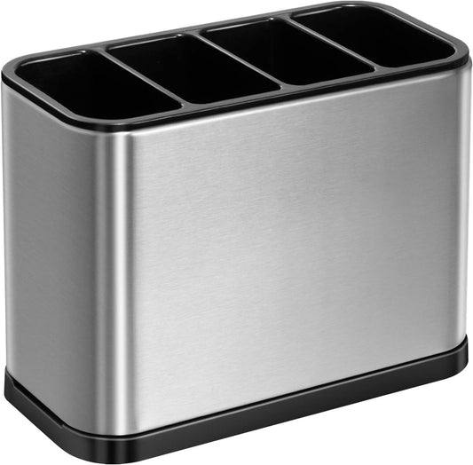 Kitchen Stainless Steel Utensil Holder for Countertop,Silverware Caddy | 4 Compartments Cutlery Holder for Fork Knife Spoon Flatware Organizer - 7.1 x 3.39 x 5.1 inch,with Drainage Holes,Silver