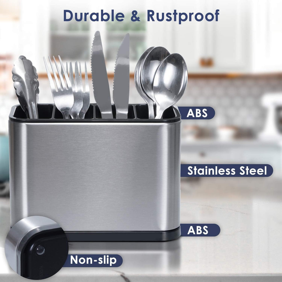 Kitchen Stainless Steel Utensil Holder for Countertop,Silverware Caddy | 4 Compartments Cutlery Holder for Fork Knife Spoon Flatware Organizer - 7.1 x 3.39 x 5.1 inch,with Drainage Holes,Silver