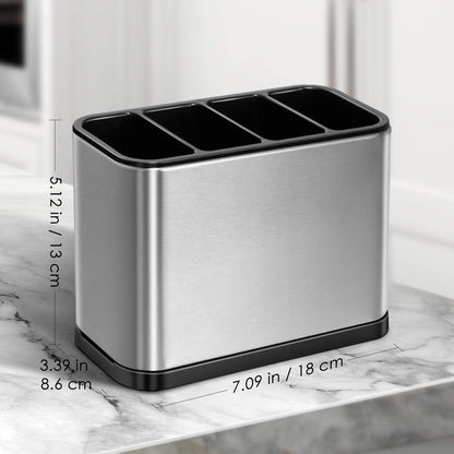 Kitchen Stainless Steel Utensil Holder for Countertop,Silverware Caddy | 4 Compartments Cutlery Holder for Fork Knife Spoon Flatware Organizer - 7.1 x 3.39 x 5.1 inch,with Drainage Holes,Silver