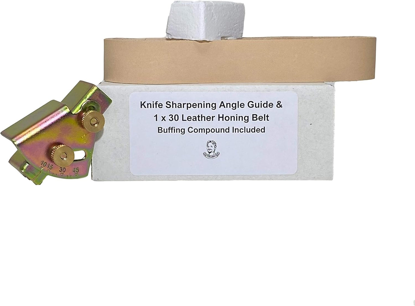 Knife Sharpening Angle Guide and 1" x 30" Leather Honing Belt with Compound
