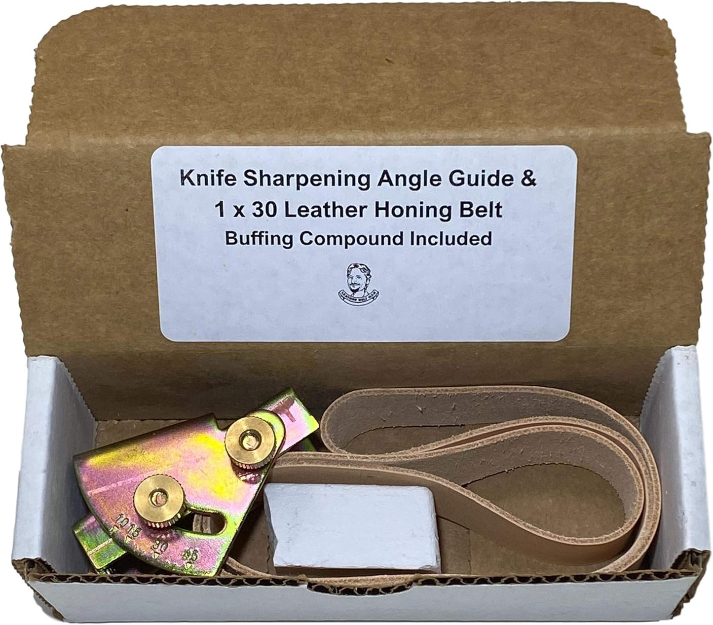 Knife Sharpening Angle Guide and 1" x 30" Leather Honing Belt with Compound