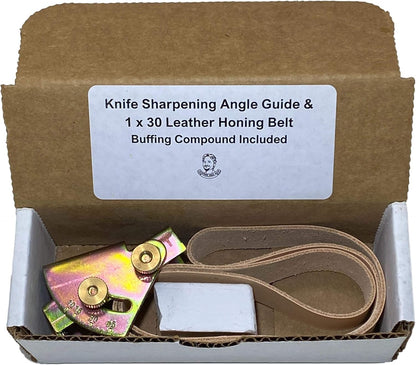 Knife Sharpening Angle Guide and 1" x 30" Leather Honing Belt with Compound