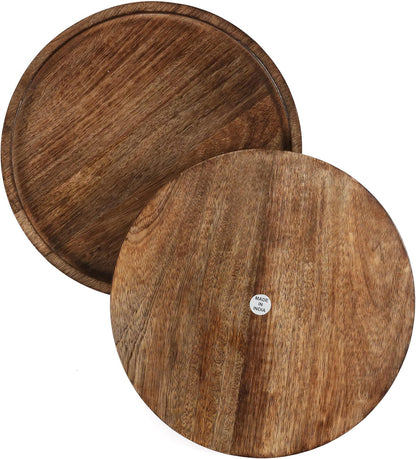 Mango Carving Wood Round Platters for Ottoman or Side table, Charcuterie Board or Cheese Platter for Living Room (13" x 13" x 2" - White Wash)