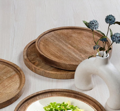 Mango Carving Wood Round Platters for Ottoman or Side table, Charcuterie Board or Cheese Platter for Living Room (13" x 13" x 2" - White Wash)