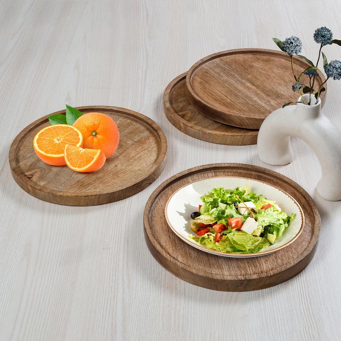 Mango Carving Wood Round Platters for Ottoman or Side table, Charcuterie Board or Cheese Platter for Living Room (13" x 13" x 2" - White Wash)