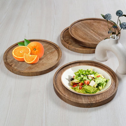 Mango Carving Wood Round Platters for Ottoman or Side table, Charcuterie Board or Cheese Platter for Living Room (13" x 13" x 2" - White Wash)