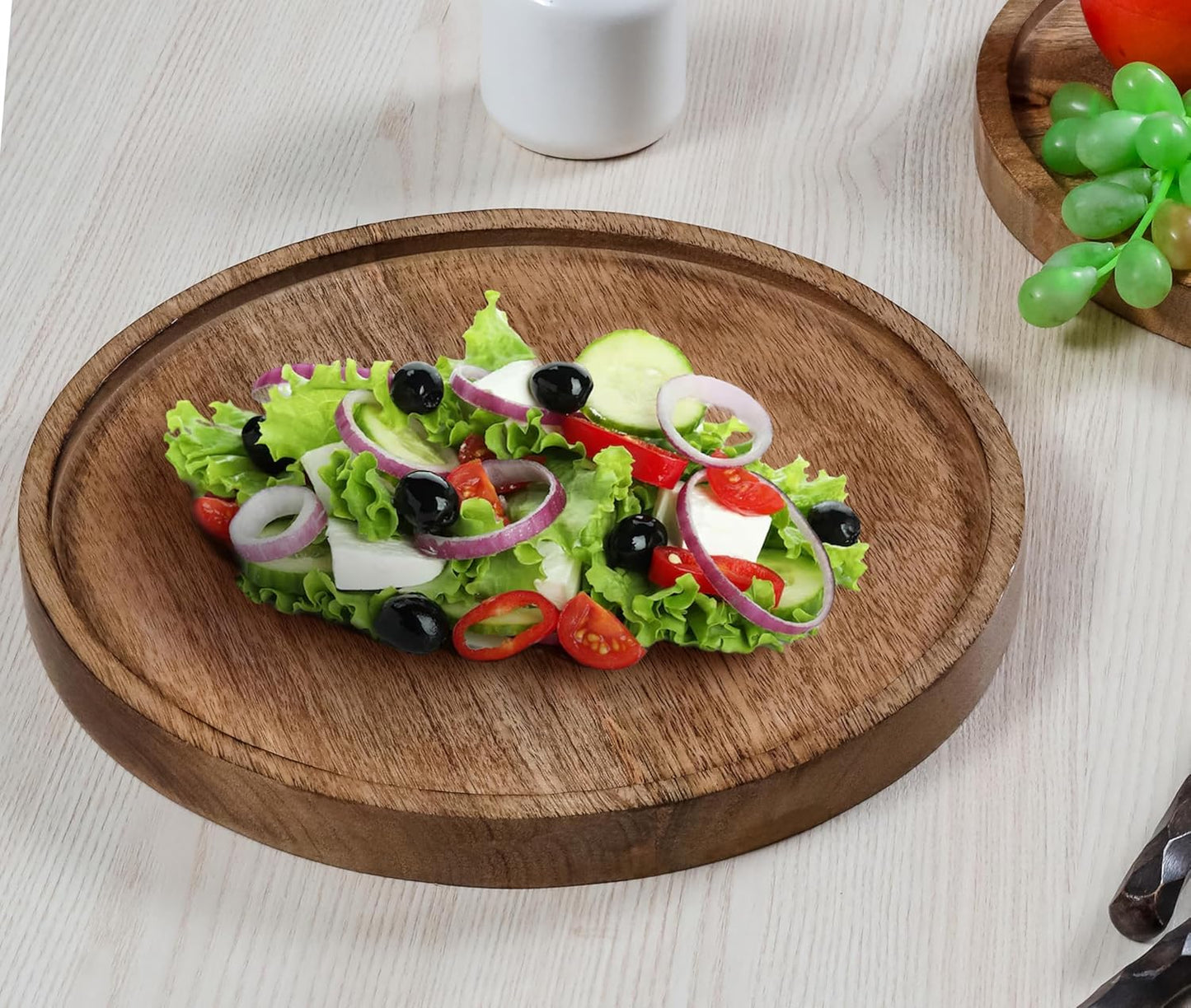 Mango Carving Wood Round Platters for Ottoman or Side table, Charcuterie Board or Cheese Platter for Living Room (13" x 13" x 2" - White Wash)