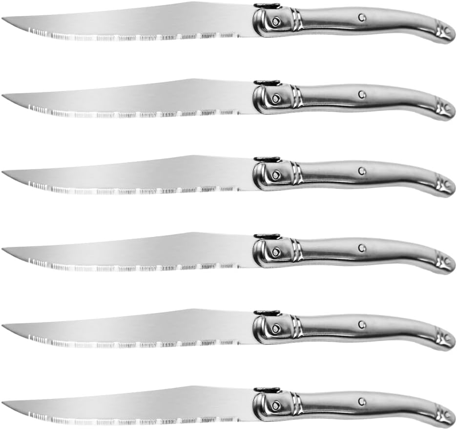 Laguiole Style Steak Knives Set of 6, Serrated Stainless Steel Steak Knife Set, Elegant French Design, Dishwasher Safe, Gift Box for Dinner & BBQ (sliver-6)
