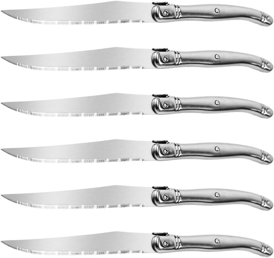 Laguiole Style Steak Knives Set of 6, Serrated Stainless Steel Steak Knife Set, Elegant French Design, Dishwasher Safe, Gift Box for Dinner & BBQ (sliver-6)