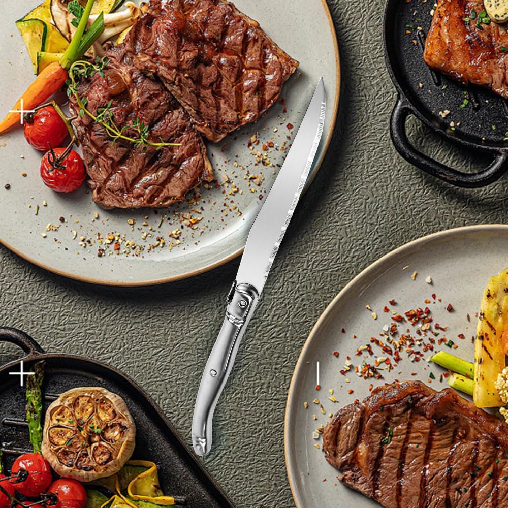 Laguiole Style Steak Knives Set of 6, Serrated Stainless Steel Steak Knife Set, Elegant French Design, Dishwasher Safe, Gift Box for Dinner & BBQ (sliver-6)