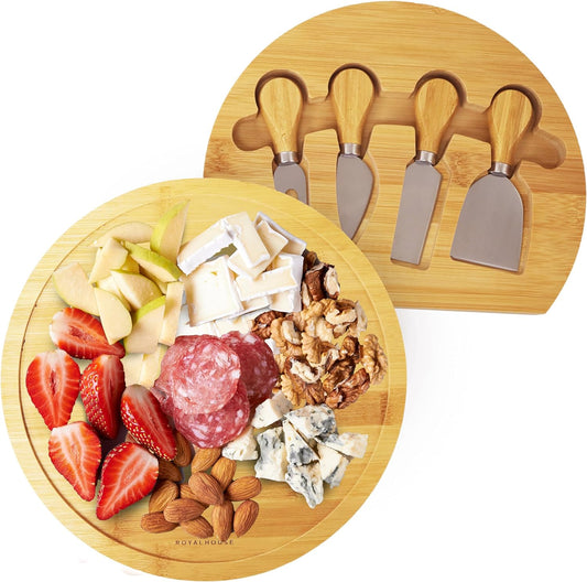 Bamboo Round Cheese Board and 4 Knives Set with Slide-Out Cutlery Drawer | Charcuterie Boards Set - House Warming Gifts New Home, Wedding Gifts for Couple, Bridal Shower Gifts