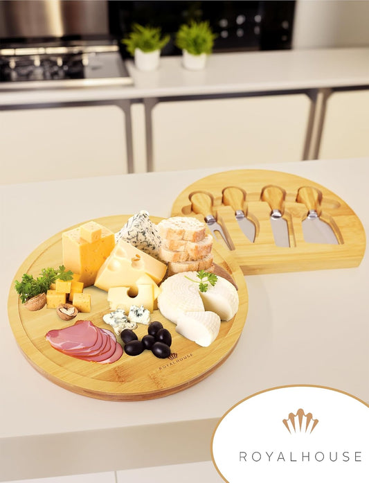 Bamboo Round Cheese Board and 4 Knives Set with Slide-Out Cutlery Drawer | Charcuterie Boards Set - House Warming Gifts New Home, Wedding Gifts for Couple, Bridal Shower Gifts