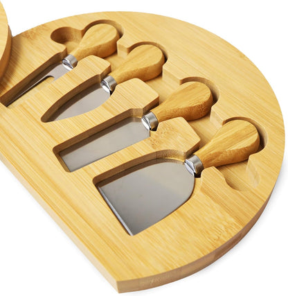 Bamboo Round Cheese Board and 4 Knives Set with Slide-Out Cutlery Drawer | Charcuterie Boards Set - House Warming Gifts New Home, Wedding Gifts for Couple, Bridal Shower Gifts
