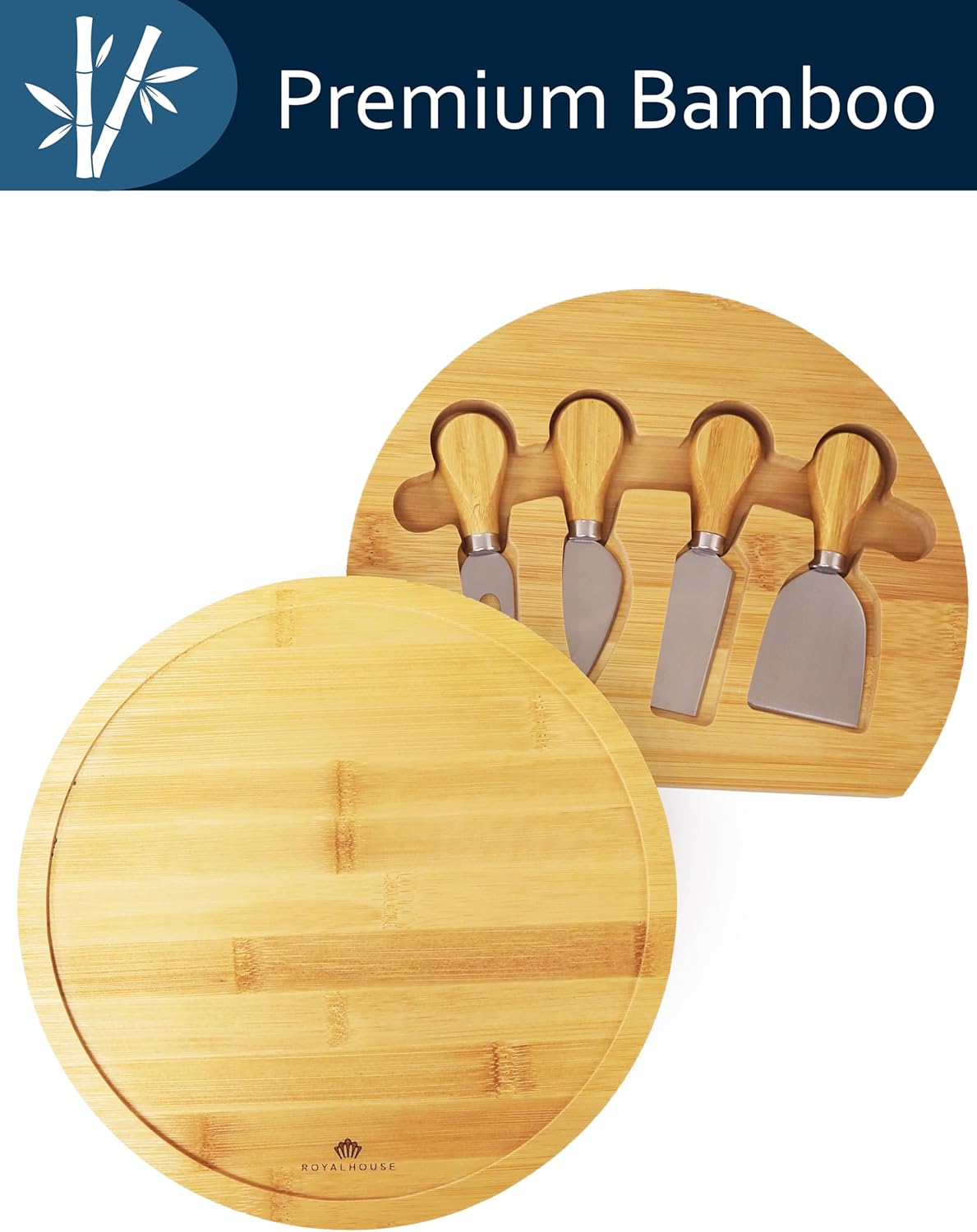Bamboo Round Cheese Board and 4 Knives Set with Slide-Out Cutlery Drawer | Charcuterie Boards Set - House Warming Gifts New Home, Wedding Gifts for Couple, Bridal Shower Gifts