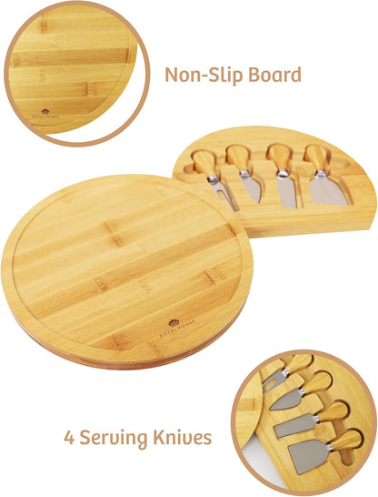 Bamboo Round Cheese Board and 4 Knives Set with Slide-Out Cutlery Drawer | Charcuterie Boards Set - House Warming Gifts New Home, Wedding Gifts for Couple, Bridal Shower Gifts