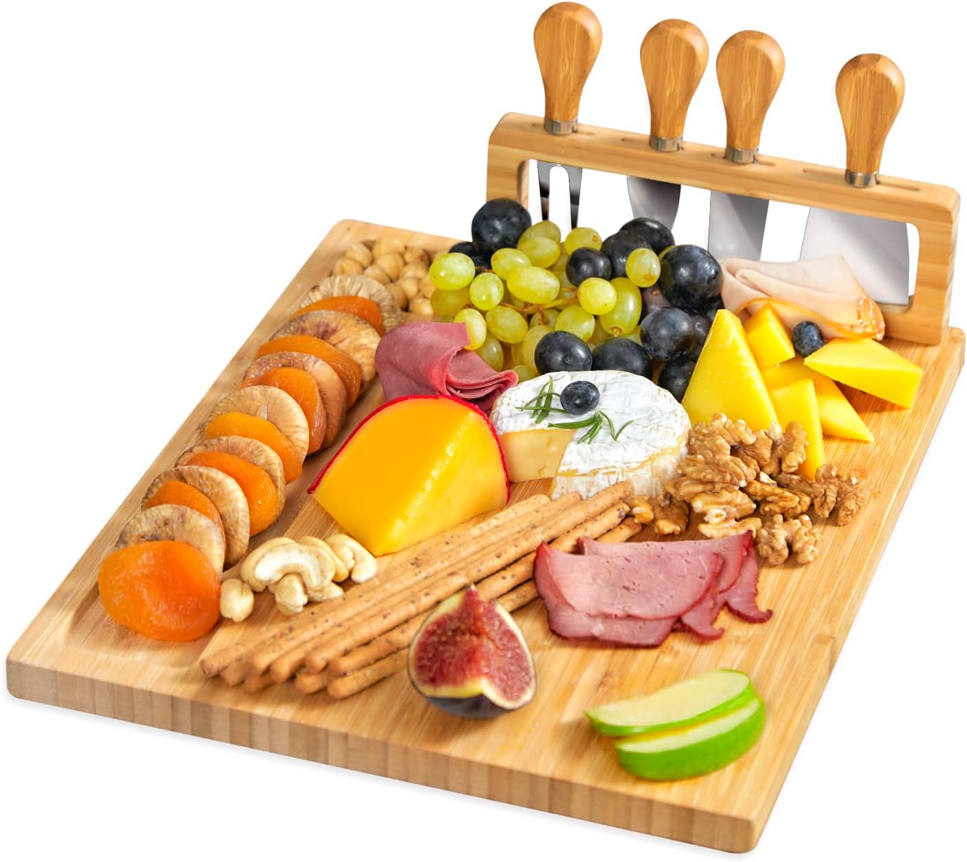 Bamboo Round Cheese Board and 4 Knives Set with Slide-Out Cutlery Drawer | Charcuterie Boards Set - House Warming Gifts New Home, Wedding Gifts for Couple, Bridal Shower Gifts