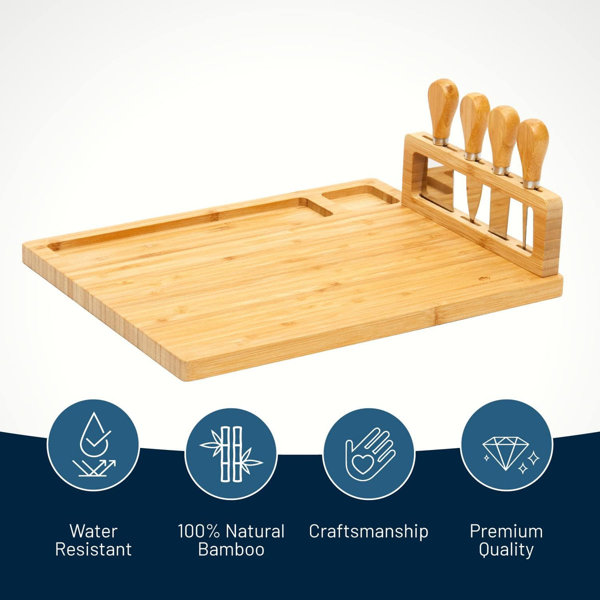 Bamboo Round Cheese Board and 4 Knives Set with Slide-Out Cutlery Drawer | Charcuterie Boards Set - House Warming Gifts New Home, Wedding Gifts for Couple, Bridal Shower Gifts