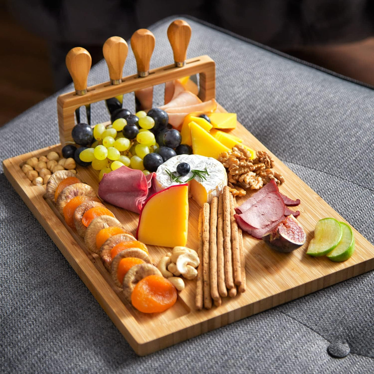 Bamboo Round Cheese Board and 4 Knives Set with Slide-Out Cutlery Drawer | Charcuterie Boards Set - House Warming Gifts New Home, Wedding Gifts for Couple, Bridal Shower Gifts