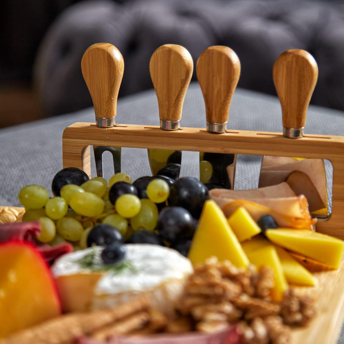 Bamboo Round Cheese Board and 4 Knives Set with Slide-Out Cutlery Drawer | Charcuterie Boards Set - House Warming Gifts New Home, Wedding Gifts for Couple, Bridal Shower Gifts