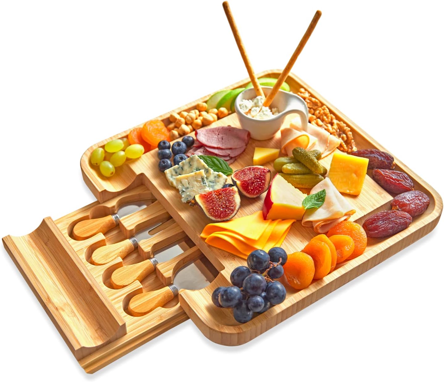 Bamboo Round Cheese Board and 4 Knives Set with Slide-Out Cutlery Drawer | Charcuterie Boards Set - House Warming Gifts New Home, Wedding Gifts for Couple, Bridal Shower Gifts