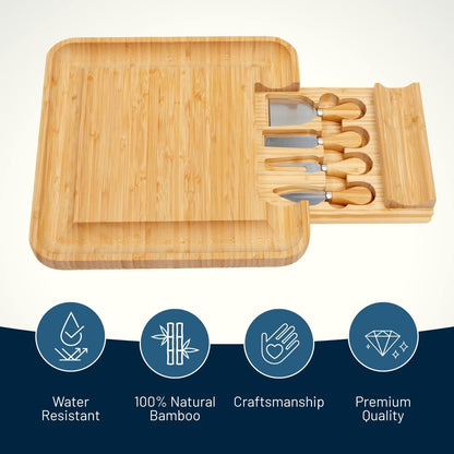 Bamboo Round Cheese Board and 4 Knives Set with Slide-Out Cutlery Drawer | Charcuterie Boards Set - House Warming Gifts New Home, Wedding Gifts for Couple, Bridal Shower Gifts