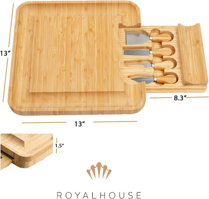 Bamboo Round Cheese Board and 4 Knives Set with Slide-Out Cutlery Drawer | Charcuterie Boards Set - House Warming Gifts New Home, Wedding Gifts for Couple, Bridal Shower Gifts