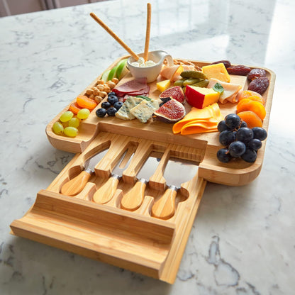Bamboo Round Cheese Board and 4 Knives Set with Slide-Out Cutlery Drawer | Charcuterie Boards Set - House Warming Gifts New Home, Wedding Gifts for Couple, Bridal Shower Gifts