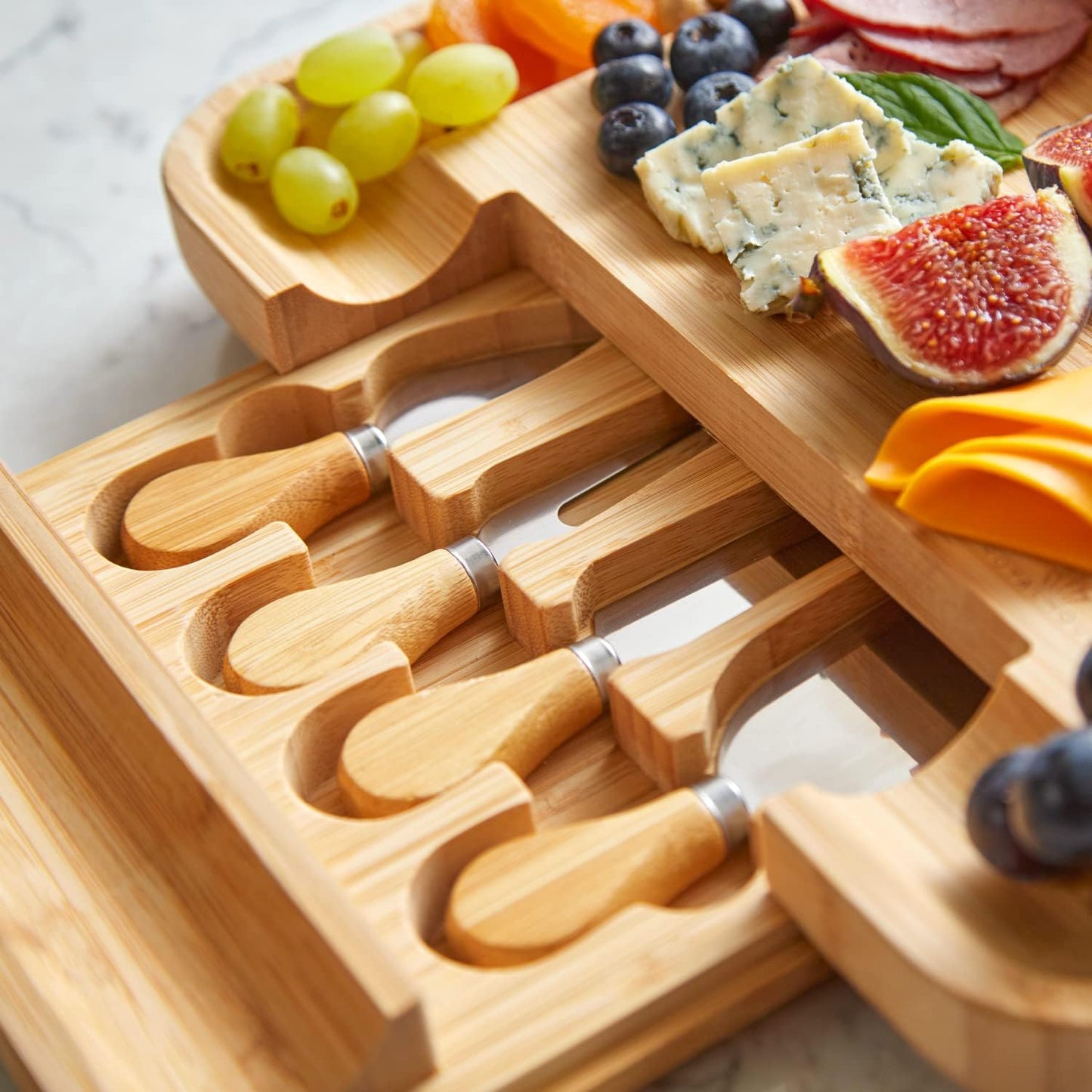 Bamboo Round Cheese Board and 4 Knives Set with Slide-Out Cutlery Drawer | Charcuterie Boards Set - House Warming Gifts New Home, Wedding Gifts for Couple, Bridal Shower Gifts