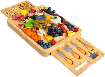 Bamboo Round Cheese Board and 4 Knives Set with Slide-Out Cutlery Drawer | Charcuterie Boards Set - House Warming Gifts New Home, Wedding Gifts for Couple, Bridal Shower Gifts