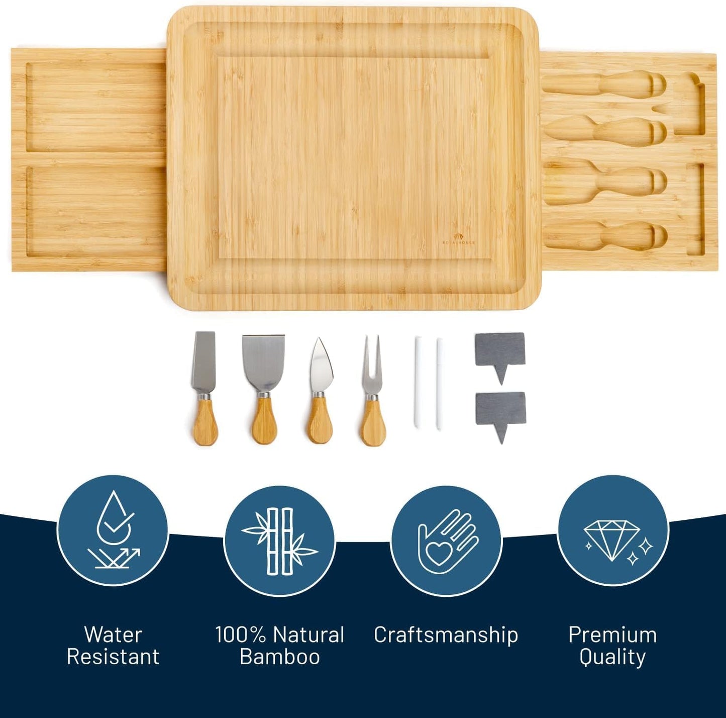 Bamboo Round Cheese Board and 4 Knives Set with Slide-Out Cutlery Drawer | Charcuterie Boards Set - House Warming Gifts New Home, Wedding Gifts for Couple, Bridal Shower Gifts