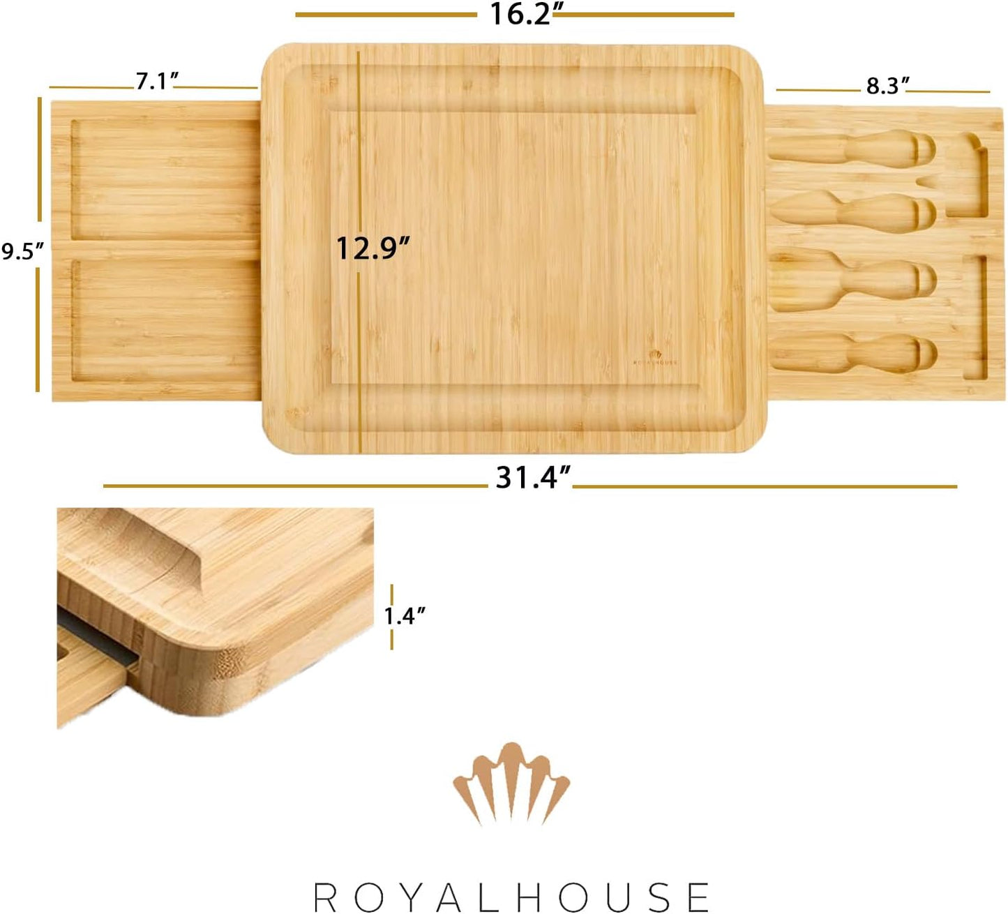 Bamboo Round Cheese Board and 4 Knives Set with Slide-Out Cutlery Drawer | Charcuterie Boards Set - House Warming Gifts New Home, Wedding Gifts for Couple, Bridal Shower Gifts