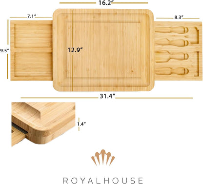 Bamboo Round Cheese Board and 4 Knives Set with Slide-Out Cutlery Drawer | Charcuterie Boards Set - House Warming Gifts New Home, Wedding Gifts for Couple, Bridal Shower Gifts