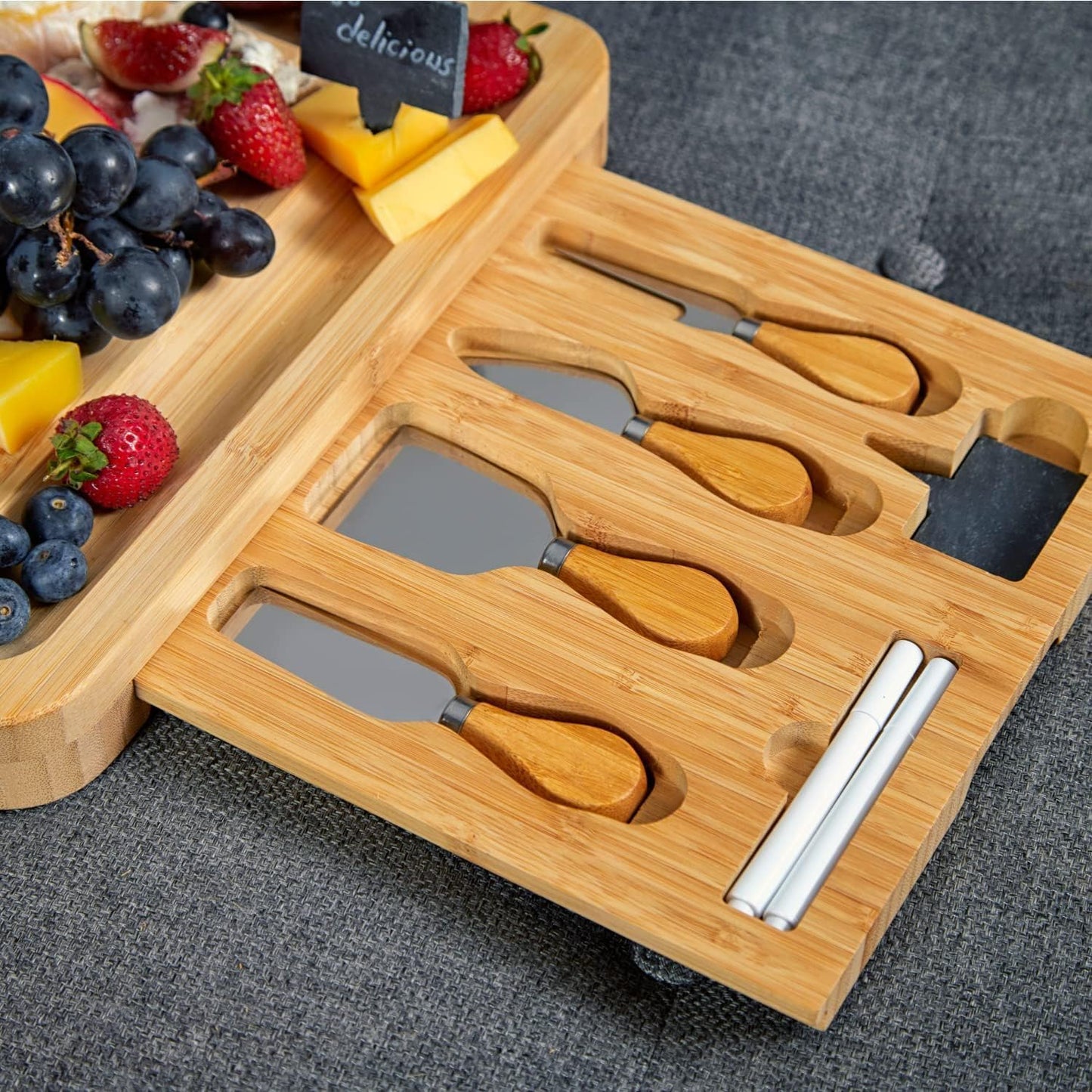 Bamboo Round Cheese Board and 4 Knives Set with Slide-Out Cutlery Drawer | Charcuterie Boards Set - House Warming Gifts New Home, Wedding Gifts for Couple, Bridal Shower Gifts