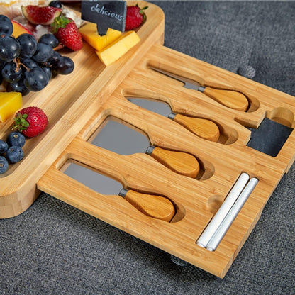 Bamboo Round Cheese Board and 4 Knives Set with Slide-Out Cutlery Drawer | Charcuterie Boards Set - House Warming Gifts New Home, Wedding Gifts for Couple, Bridal Shower Gifts