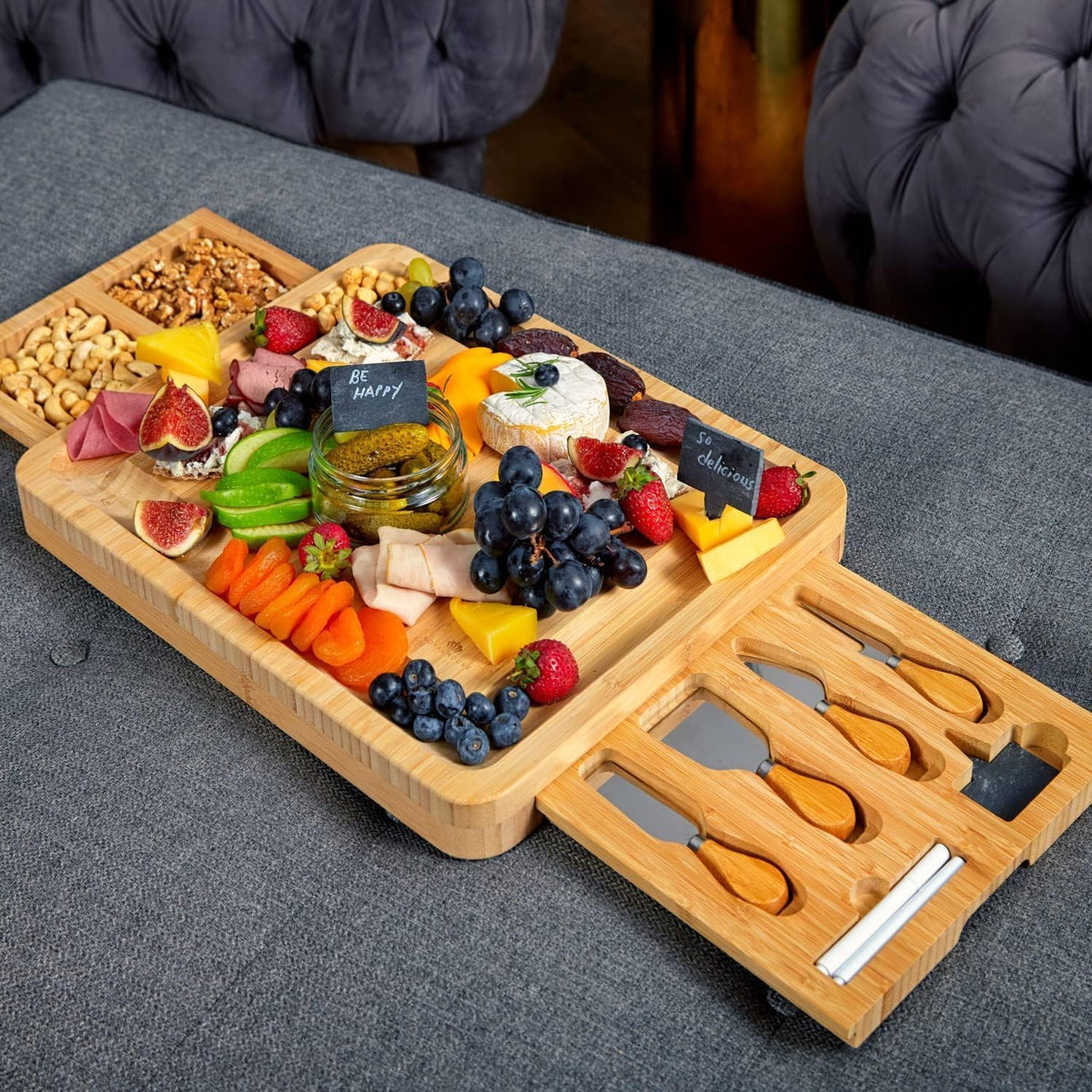 Bamboo Round Cheese Board and 4 Knives Set with Slide-Out Cutlery Drawer | Charcuterie Boards Set - House Warming Gifts New Home, Wedding Gifts for Couple, Bridal Shower Gifts