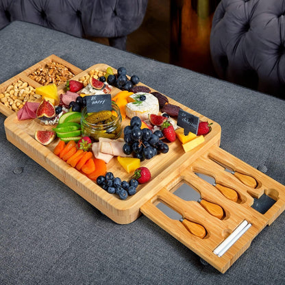 Bamboo Round Cheese Board and 4 Knives Set with Slide-Out Cutlery Drawer | Charcuterie Boards Set - House Warming Gifts New Home, Wedding Gifts for Couple, Bridal Shower Gifts