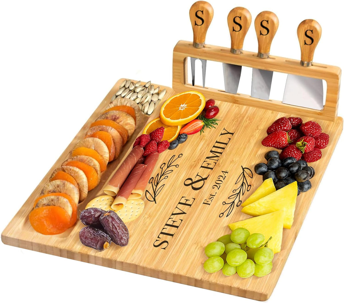 Bamboo Round Cheese Board and 4 Knives Set with Slide-Out Cutlery Drawer | Charcuterie Boards Set - House Warming Gifts New Home, Wedding Gifts for Couple, Bridal Shower Gifts