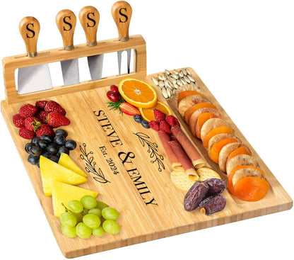 Bamboo Round Cheese Board and 4 Knives Set with Slide-Out Cutlery Drawer | Charcuterie Boards Set - House Warming Gifts New Home, Wedding Gifts for Couple, Bridal Shower Gifts