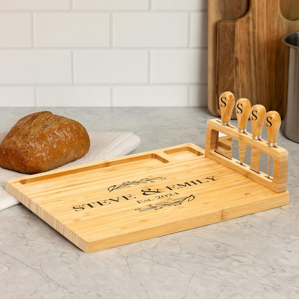 Bamboo Round Cheese Board and 4 Knives Set with Slide-Out Cutlery Drawer | Charcuterie Boards Set - House Warming Gifts New Home, Wedding Gifts for Couple, Bridal Shower Gifts