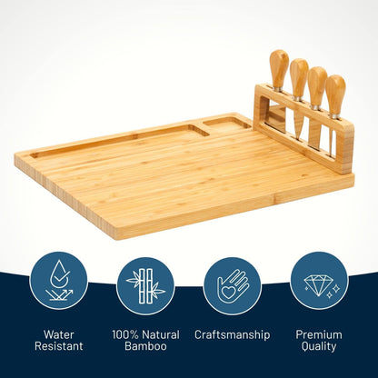 Bamboo Round Cheese Board and 4 Knives Set with Slide-Out Cutlery Drawer | Charcuterie Boards Set - House Warming Gifts New Home, Wedding Gifts for Couple, Bridal Shower Gifts