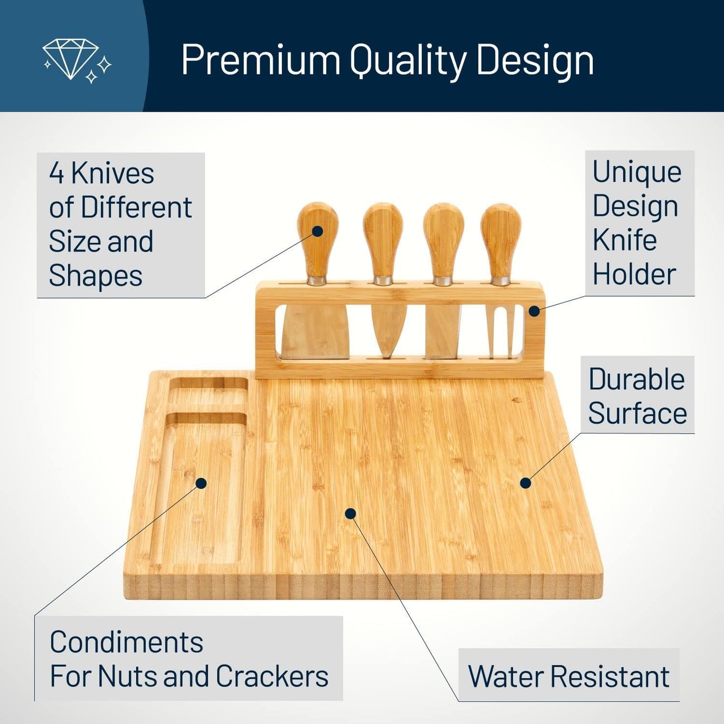 Bamboo Round Cheese Board and 4 Knives Set with Slide-Out Cutlery Drawer | Charcuterie Boards Set - House Warming Gifts New Home, Wedding Gifts for Couple, Bridal Shower Gifts