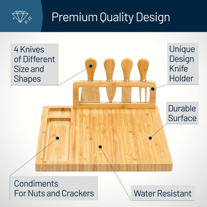 Bamboo Round Cheese Board and 4 Knives Set with Slide-Out Cutlery Drawer | Charcuterie Boards Set - House Warming Gifts New Home, Wedding Gifts for Couple, Bridal Shower Gifts