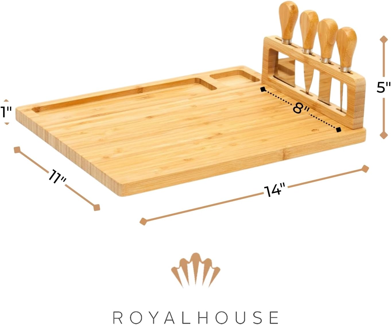 Bamboo Round Cheese Board and 4 Knives Set with Slide-Out Cutlery Drawer | Charcuterie Boards Set - House Warming Gifts New Home, Wedding Gifts for Couple, Bridal Shower Gifts