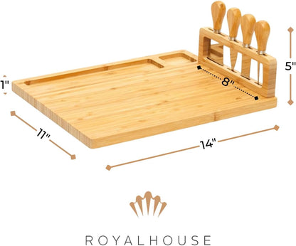 Bamboo Round Cheese Board and 4 Knives Set with Slide-Out Cutlery Drawer | Charcuterie Boards Set - House Warming Gifts New Home, Wedding Gifts for Couple, Bridal Shower Gifts