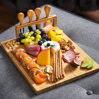 Bamboo Round Cheese Board and 4 Knives Set with Slide-Out Cutlery Drawer | Charcuterie Boards Set - House Warming Gifts New Home, Wedding Gifts for Couple, Bridal Shower Gifts