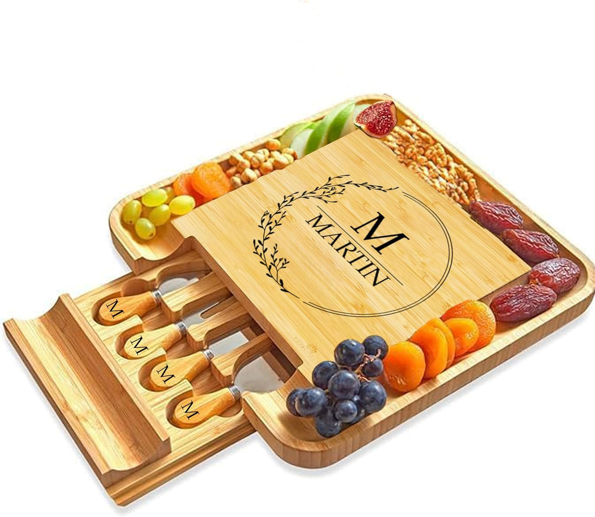 Bamboo Round Cheese Board and 4 Knives Set with Slide-Out Cutlery Drawer | Charcuterie Boards Set - House Warming Gifts New Home, Wedding Gifts for Couple, Bridal Shower Gifts