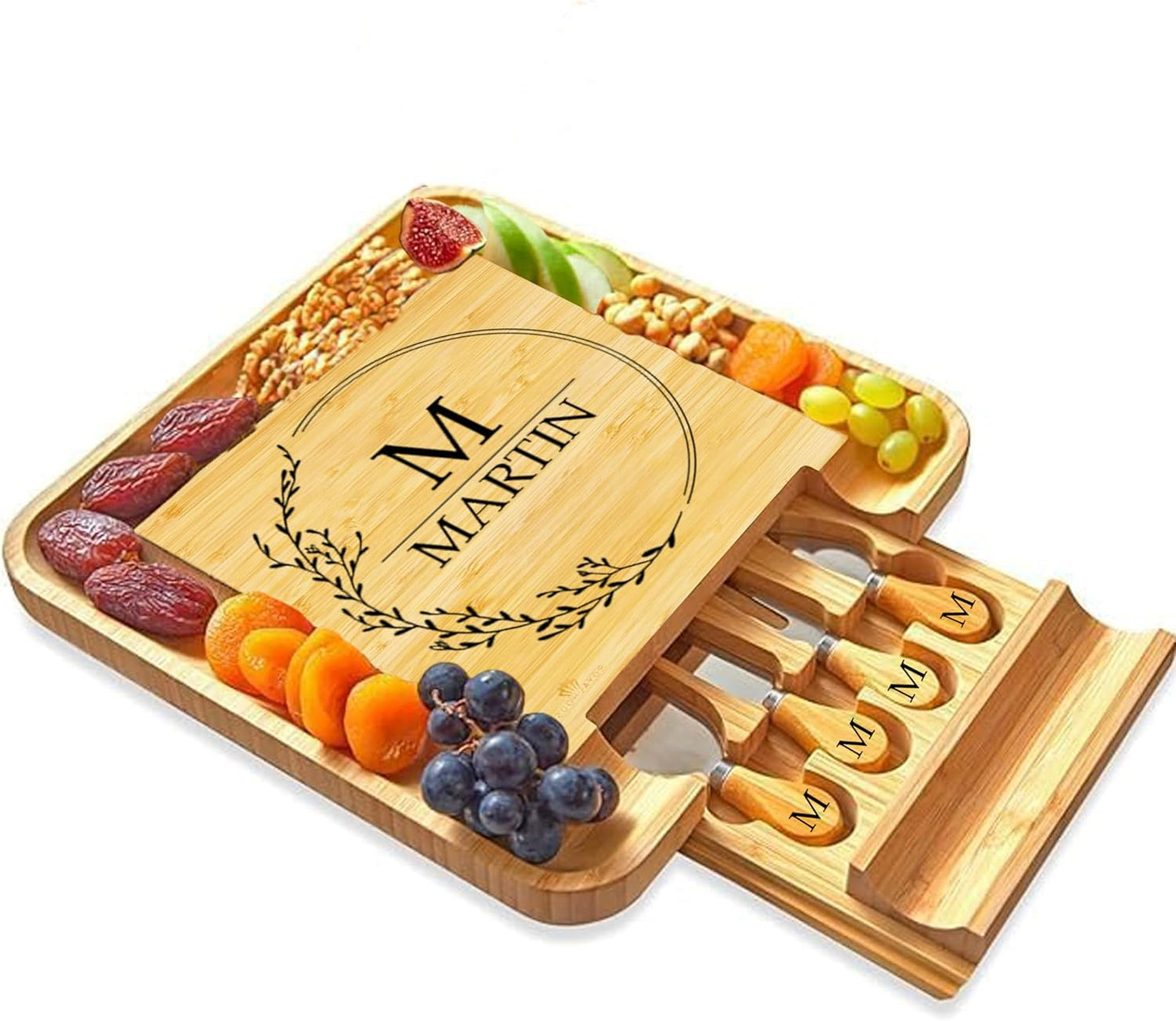 Bamboo Round Cheese Board and 4 Knives Set with Slide-Out Cutlery Drawer | Charcuterie Boards Set - House Warming Gifts New Home, Wedding Gifts for Couple, Bridal Shower Gifts