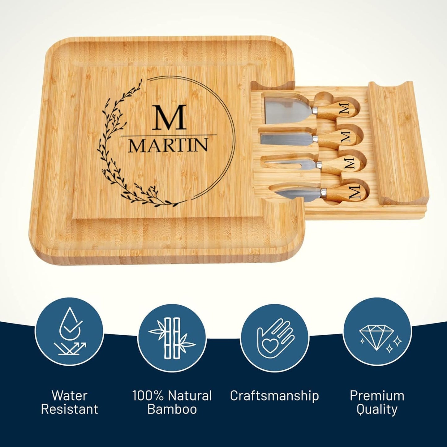 Bamboo Round Cheese Board and 4 Knives Set with Slide-Out Cutlery Drawer | Charcuterie Boards Set - House Warming Gifts New Home, Wedding Gifts for Couple, Bridal Shower Gifts