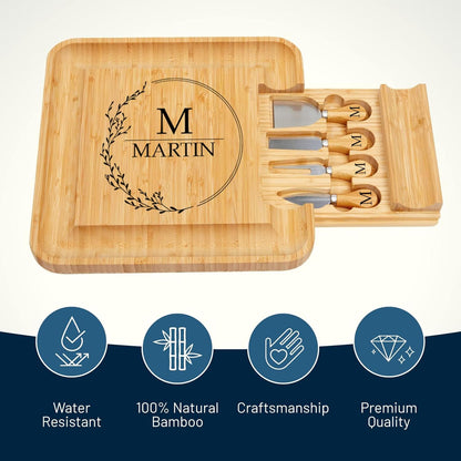 Bamboo Round Cheese Board and 4 Knives Set with Slide-Out Cutlery Drawer | Charcuterie Boards Set - House Warming Gifts New Home, Wedding Gifts for Couple, Bridal Shower Gifts